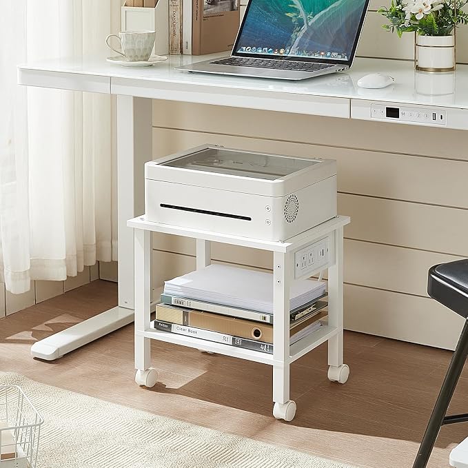 YUFAM 2 Tier Under Desk Printer Stand with Charging Station, White | Wooden Small Printer Table for Home Office, Rolling Printer Cart Shelf with Lockable Wheels