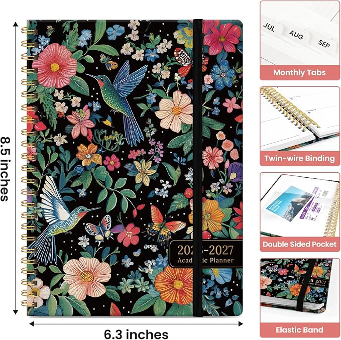 Taja Planner 2026-2027, Jul 2026-Jun 2027 Monthly & Weekly Calendar Planner | 6.3" x 8.5", Hardcover Academic Calendar, Teacher Student Agenda Book with Tabs, School Office Supplies, Hummingbird