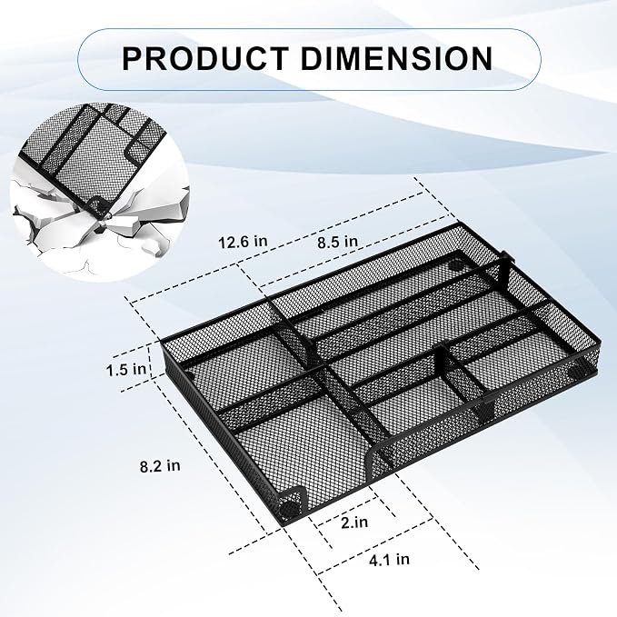 Desk Drawer Organizer, 2 Pack Junk Drawer Organizer Tray with 2 Adjustable Compartments, Desktop Metal Mesh Office Desk Organizer, Multifunction Pen Organizer Set for Office School Makeup Supplies (2)