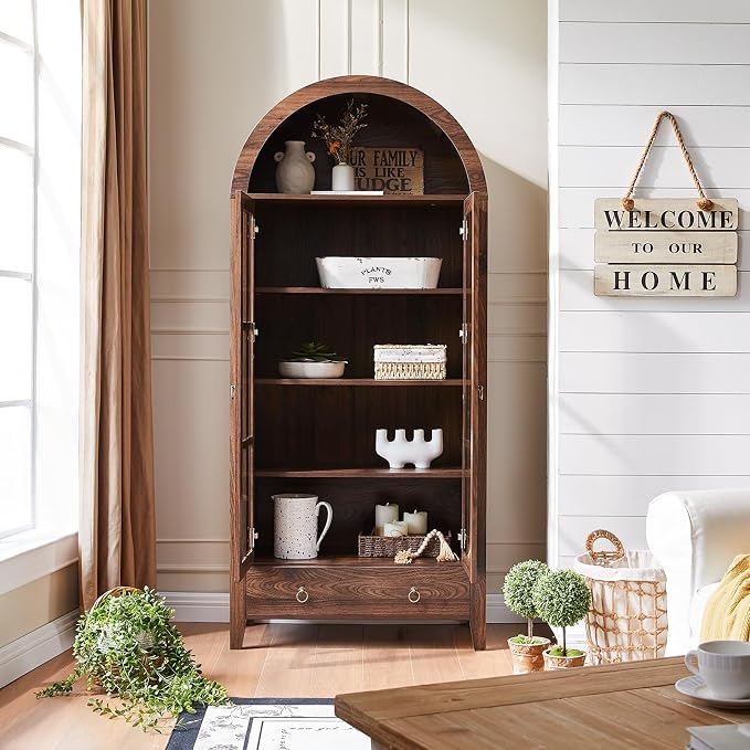RowyPoey 71" Tall Arched Cabinet Bookshelf with Glass Door & Storage Drawer | Modern Farmhouse Display Cabinet,Adjustable Shelves,Wood Kitchen Pantry for Dining Room,Living Room,Office,Walnut