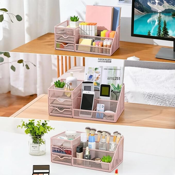 Lavatino Mesh Desk Organizer with 6 Compartments & 2 Drawers, Larger Multi-functional Desktop and Workspace Accessories Organizer for Office, Classroom, Dorm Supplies (Pink)