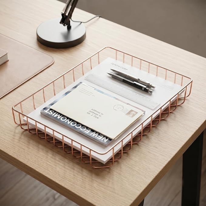 Elegant Wire Desk Tray Organizer - Multipurpose A4 Letter Size File Tray, Premium Metal Mesh Document & Magazine Holder, Storage Basket for Office, Vanity, & Bathroom, Rose Gold, 2 Pack