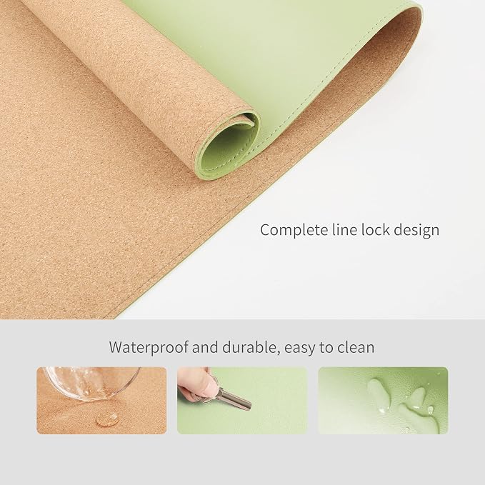 RENMTURE Dual-Sided Mouse Pad, Natural Cork & PU Leather Large Desk Pad for Office and Home Work, Desk Protector Non-Slip, Waterproof, Easy Clean (Light Green, 36"x17")