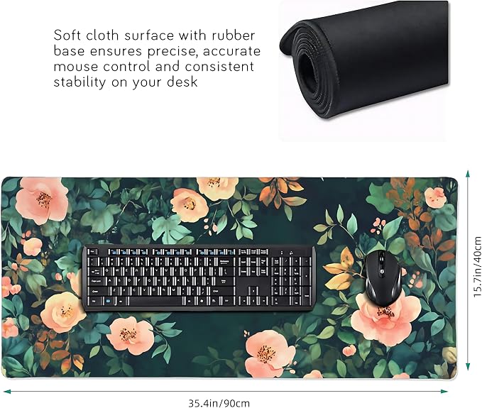 Cute Floral Aesthetic Rose Gaming Mouse Pad, Forest Green Moody Forest Desk Mat with Anti-Slip Base & Stitched Edges,35.4" x 15.7" in Table Mat for Computer Desktop, Beautiful Workstation Decor