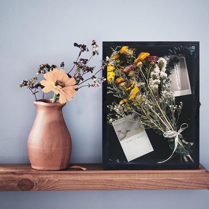 Shadow Box Frame with Removable Shelves, Black 12x16 Deep Memory Box Display Case for Keepsake Collectibles, Coins Military Medals Pins Wedding Flowers
