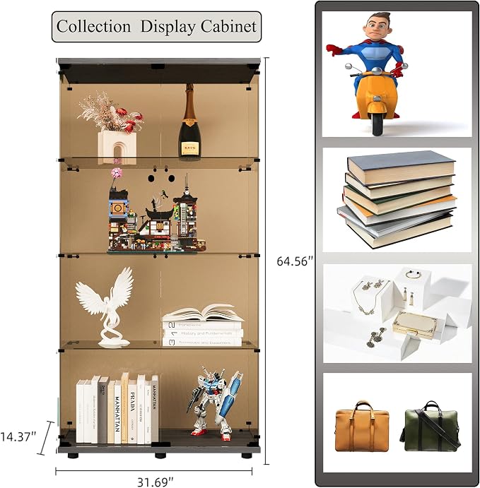 Frameless Glass Display Cabinet, Curio Cabinet Display Case with LED Lights and Lock, 2 Doors Quick-Install Floor Standing Showcase Display Shelf for Collectibles, Legos, Figures, Plants