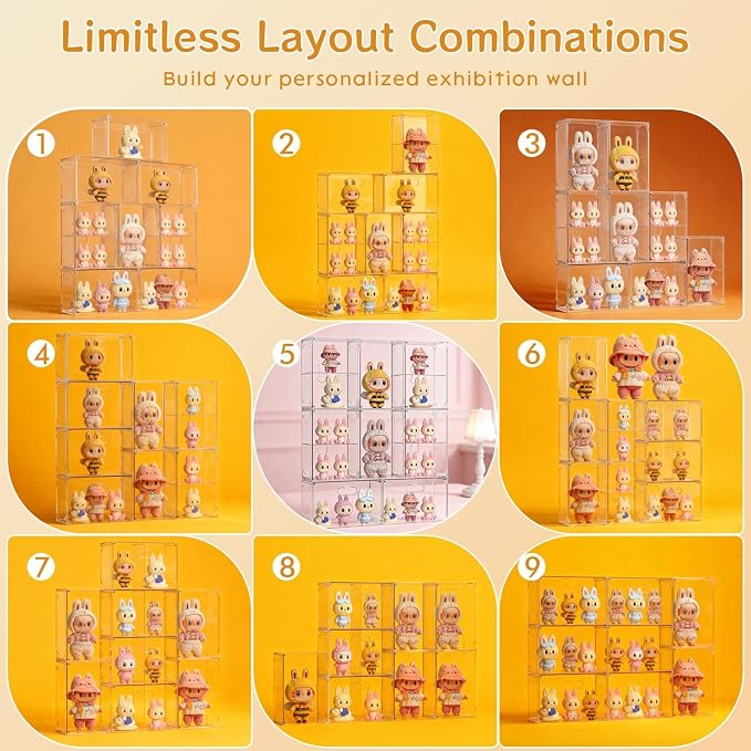 Kuject 8 Pack Clear Display Cases for Collectibles, 2:3 Aspect Ratio Stacking for DIY Display Shelves, Small Figure Display Cases for Labubu with Magnetic Door & Dividers, Dustproof Toy Organizers