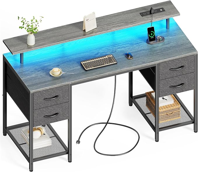 Huuger 55 inch Computer Desk with Power Outlets & 4 Drawers | Gaming Desk with LED Lights, Home Office Desk with Large Storage Space for Bedroom, Work from Home, Grey