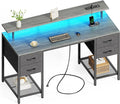 Huuger 55 inch Computer Desk with Power Outlets & 4 Drawers | Gaming Desk with LED Lights, Home Office Desk with Large Storage Space for Bedroom, Work from Home, Grey