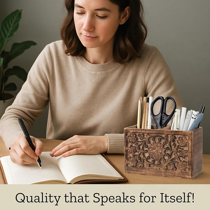 Mie Creations 2 Slot Rustic Pen Holder, Wooden Office Organizer 6'' | Large Pencil Stand for Desktop Table, Floral Handcarved Wood Desk Accessories, Multipurpose School Study Home Supplies