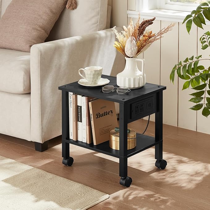 YUFAM 2 Tier Under Desk Printer Stand with Charging Station, Black | Wooden Small Printer Table for Home Office, Rolling Printer Cart Shelf with Lockable Wheels