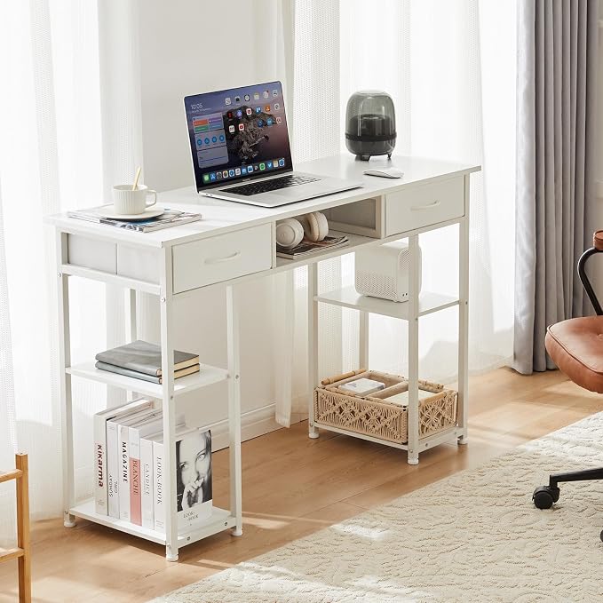 DUMOS 48-Inch Computer Desk with Drawers and Hook, White | Home Office Desk for Bedroom, Gaming Writing Study Desk with Adjustable Feet