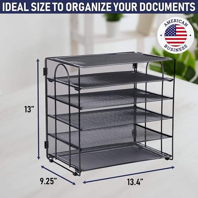 Desk Organizer Tray, Letter Tray in Black Metal Mesh for Organizing Files, Papers, Bills, Folders, Letters, and Binders. Desktop Paper Rack for Home, Office, or School (5 Tier - New)