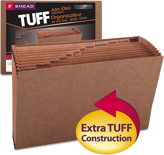 Smead TUFF Expanding File, 12 Pockets, Monthly (Jan.-Dec.) Legal Size, Redrope (70490), brown