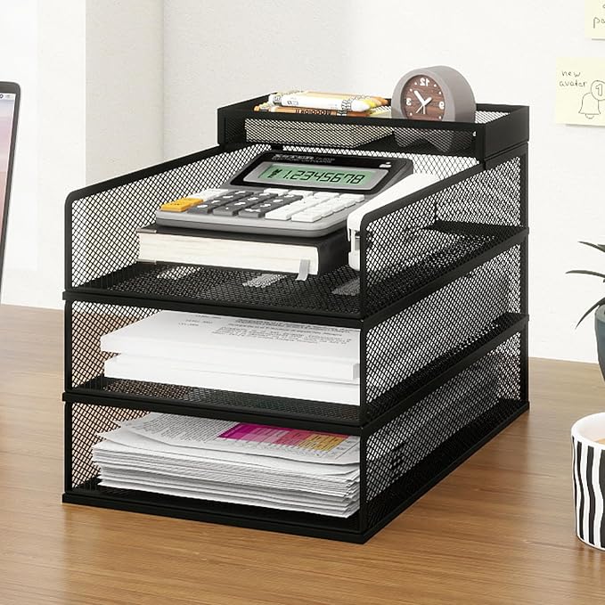 Natwind 3-Tier Stackable Metal Mesh Letter Paper Tray Organizer,Black | Desk Organizer For Paper,Document,Mail Tray For Office Supplies,File Holder For Home Office School Classroom Organization