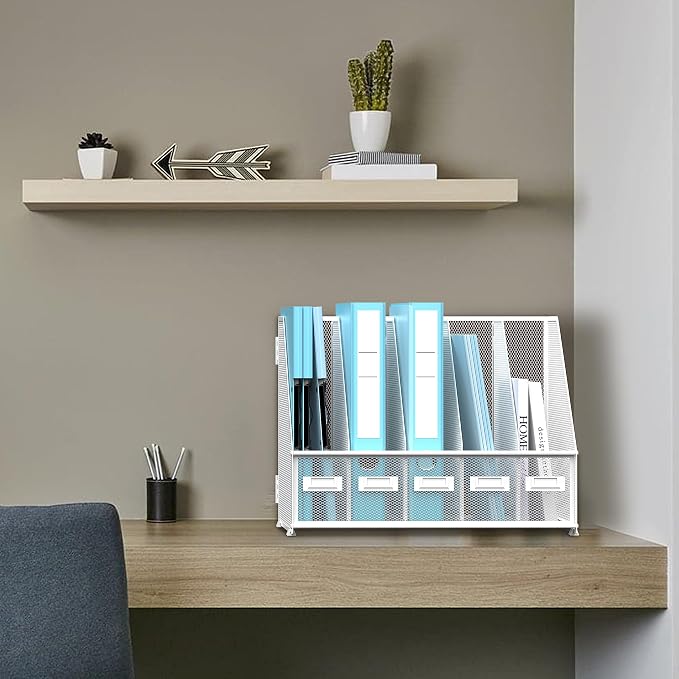 Desk Organizers Metal Desk Magazine File Holder with 5 Vertical Compartments Rack File Organizer for Office Desktop, Classroom, Home Workspace, White Plus