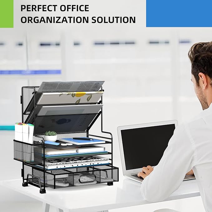 MINDEPOT 4-Tier Paper Organizer + 3-Pocket File Holder + Drawer + Pen Holders, Desktop File Organizers Paper Tray for Office Accessories School Classroom Organization (Black)