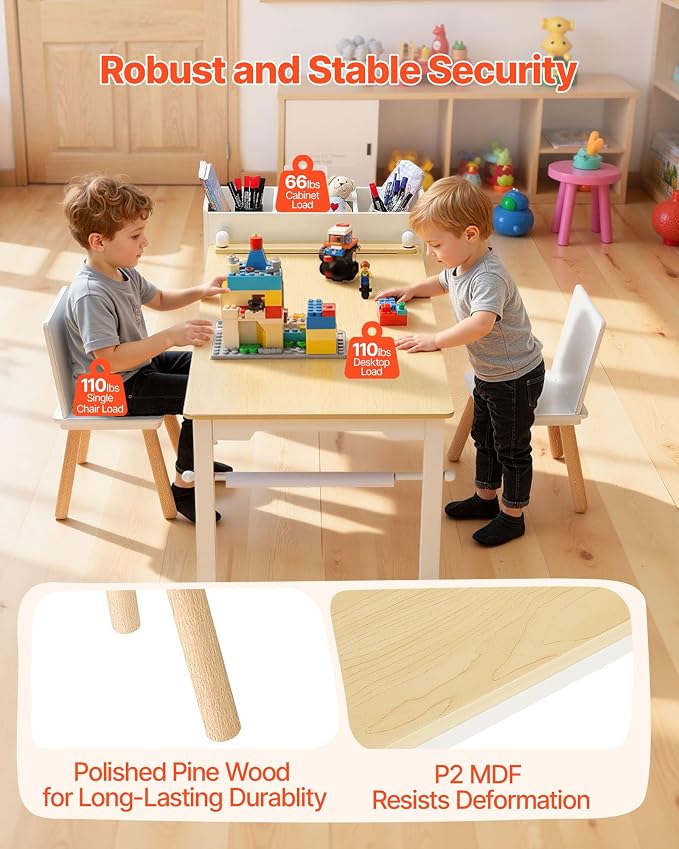 VEVOR Kids Art Table and Chair Set, Toddler Activity Table with Storage, Wood Kids Craft Desk with Paper Roll for Drawing, Reading, Writing, Kid Play Table for Nursery, Playroom, Classroom, White