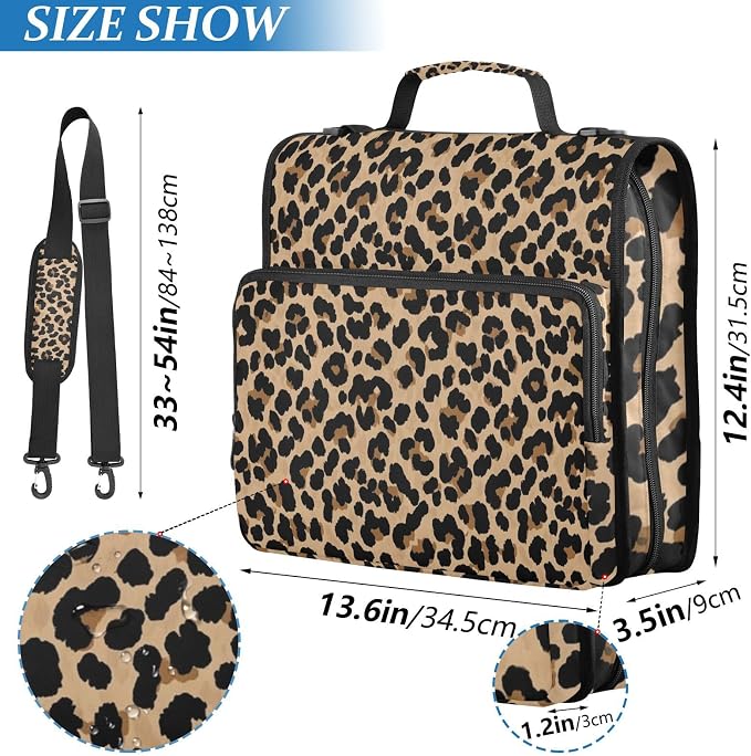 Leopard Brown Print Zipper Binder Bag 3 Ring with Shoulder Strap & Handle Multi Pocket Binder Organizer Bag Large Capacity for School Office Supplies