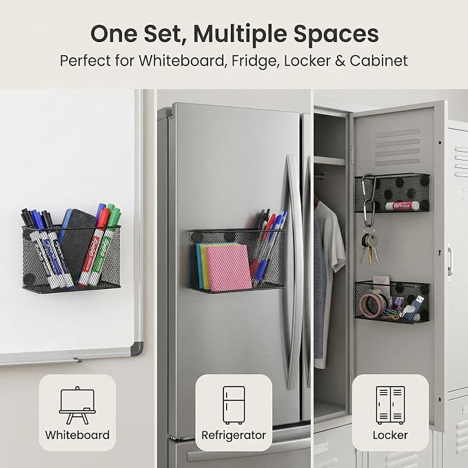 Neudeco Magnetic Locker Shelf Organizer, Black, Pack of 3 | Pencil Holder, Metal Storage Basket, For Whiteboard & Refrigerator, Ideal for School
