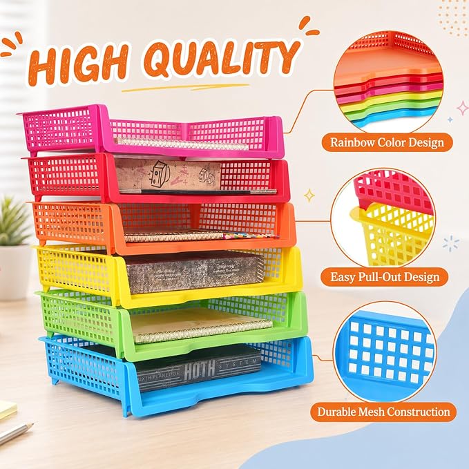 ZZYFGH 6 Pack Turn in Trays Classroom, Colorful Turn in Trays for Teachers, Plastic Classroom Paper Organizers, Stackable Tray for Classroom, Library, Drawers, Office Desk(13.4 * 9.5 * 2.7in)