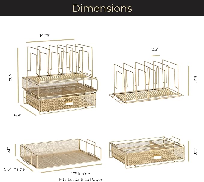 BLU MONACO | Gold Desk Organizer Set with Detachable File Organizer, Stackable Paper Tray & Storage Drawer | Stylish Gold Desk Accessories for Women & Office Organization
