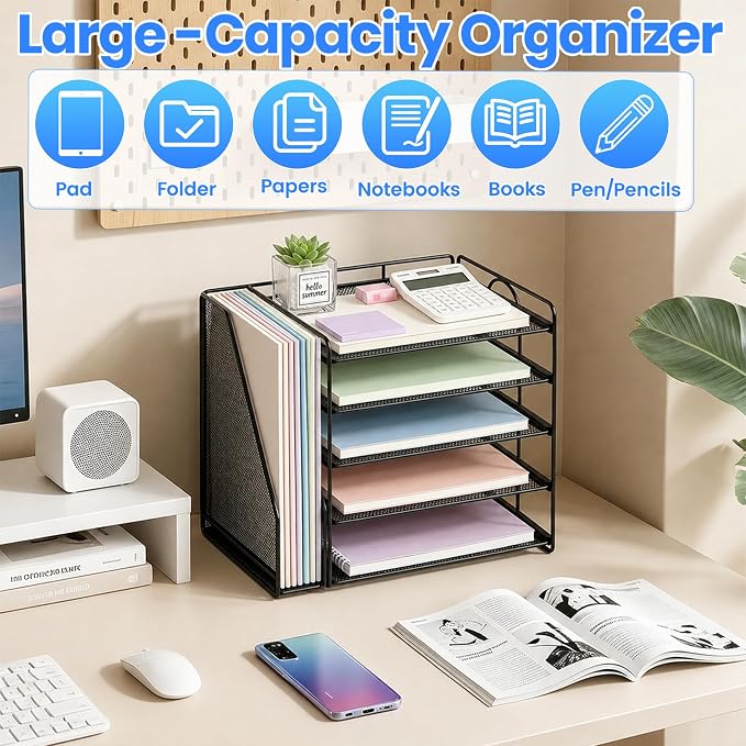 Desk Organizer, 5-Tier Paper Organizer Letter Tray, Black | Desk Organizers and Accessories, Office Desk Accessories & Workspace Organizers, Desktop File Organizer for Office Supplies