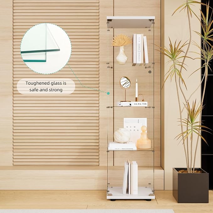 FLYMUHJIA Curio Cabinet Glass Display Case for Collectibles with 4-Shelf Display Shelves, 64.2'Hx16.9''Lx14.6''W White