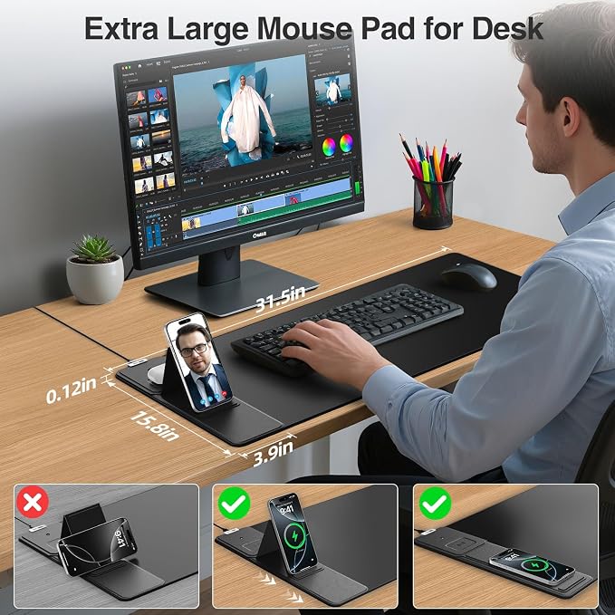 Wireless Charging Mouse Pad with Foldable Phone Holder, 31.5"x15.8", Black | Extended Desk Mat for Laptop/Keyboard, Waterproof Ultra-Smooth Surface, Non-Slip Base & 20W PD Adapter