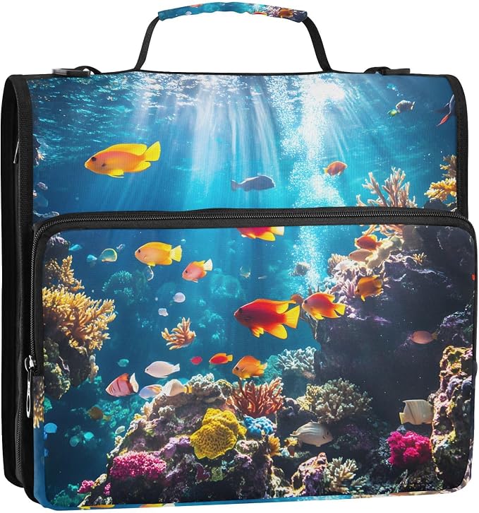 3 Ring Zipper Binder with Shoulder Strap Underwater Fish Ocean Nautical Coastal 2 Inch Zippered Binder Bag 500 Sheet Capacity Multi Pockets for School Supplies