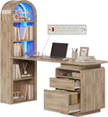 YITAHOME 59" Computer Desk, Oak | LED Lights & Power Outlets, Bookshelf, File Drawer & Storage Shelves, USB Ports
