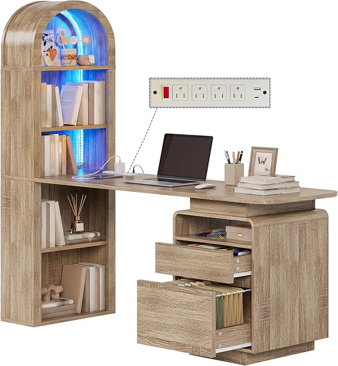 YITAHOME 59" Computer Desk, Oak | LED Lights & Power Outlets, Bookshelf, File Drawer & Storage Shelves, USB Ports