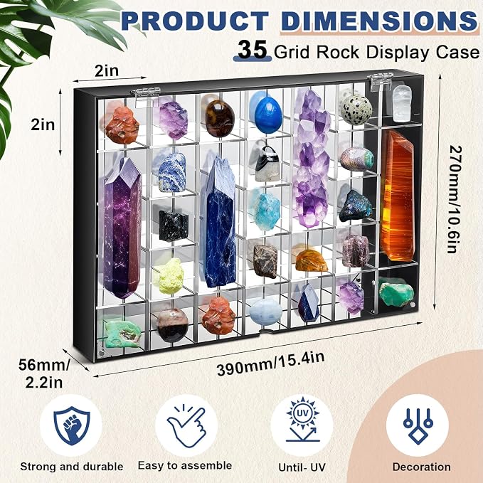 Cinnvoice Rock Display Case 35 Grids,Black Border,Square | Adjustable Acrylic Display Case, Crystal Organizer for Collectible, with Built-in Mirrored, Magnetic Door, Wall Mount