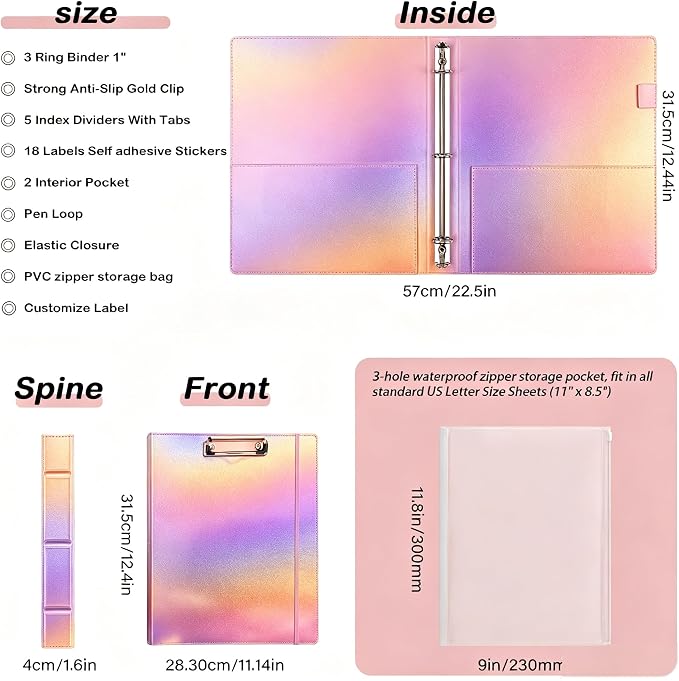 3-Ring Binder 1-inch with Clipboard, Holographic Silver Glitter Design, Including 5 Divider Pages, File Bag and Spine Label - Perfect for Schools, Offices and Organizations