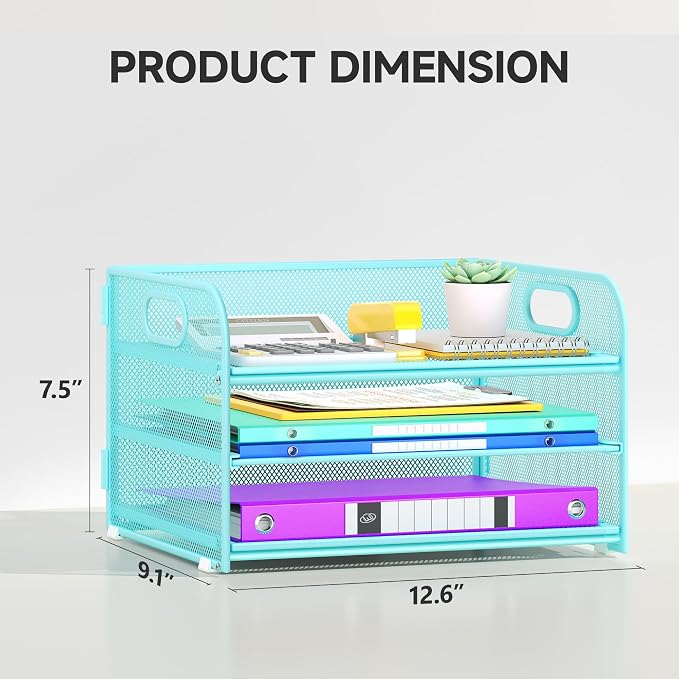 Cawukege 2 Pack 3 Tier Paper Organizer with Handle, Metal Desk Organizer Mesh Paper Letter Tray Desktop File Folder Document Sorter for Classroom, School, Office Accessories Storage (2, Blue)