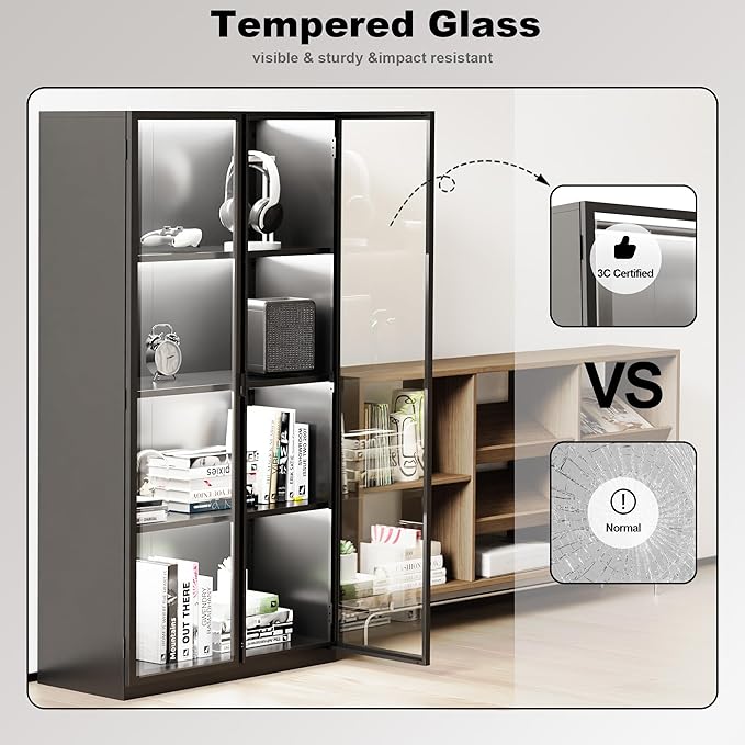 Kelueo 63" H Display Cabinet with Glass Doors,Tall Display Cabinet with LED Lights,Display Case for Collectibles,Glass Display Cabinets with 3 Adjustable Shelves for Living Room,Bedroom,Office