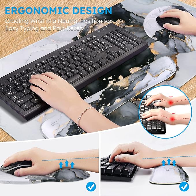 iCasso Grey Marble Mouse Mat 35.4"x15.7", Computer Pad for Teacher | Classroom Ergonomic Desk Pad Featuring Keyboard Wrist Rest, Vintage Mousepad Set for Table Home Computer Setup