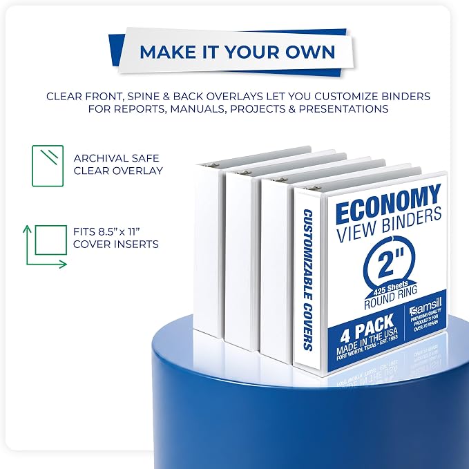 Samsill 2 Inch 3 Ring Binders, Economy Round Ring, Clear View Cover, 425 Sheet Capacity - for School, Home, Office - White, 12 Pack