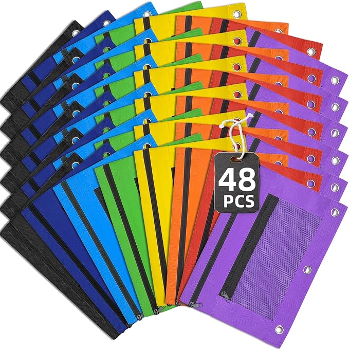 48 Pack Pencil Pouch for 3 Ring Binder Mesh Zipper Pencil Case Assorted Colors Pencil Bag Binder Pouches Pen Zipper Pouch for School Office Writing Utensils Storage Supplies, 8 Colors