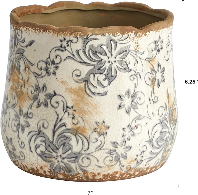 Nearly Natural 7 in Tuscan Ceramic Gray Scroll Decorative Planter | Artisanal Style, Quality Ceramic, Indoor Home, Shelf, and Table Decor