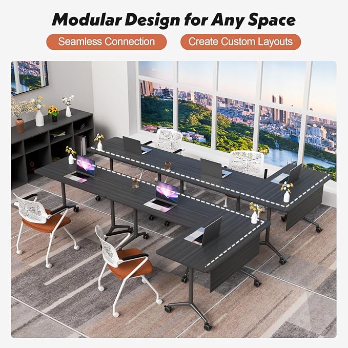 Goakwwuz Conference Room Table, Folding Conference Tables,Thicken Grey Tabletop,Flip Top Wooden Seminar Meeting Room Table for Conference Room Offices (2, BlackWoodGrain, 55.1”)
