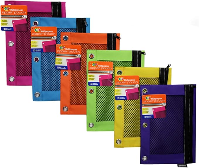 BAZIC PRODUCTS Bright Color 3-Ring Pencil Pouch with Mesh Window, 24-Box | clear mesh window and a zipper closure for pens, pencils, supplies