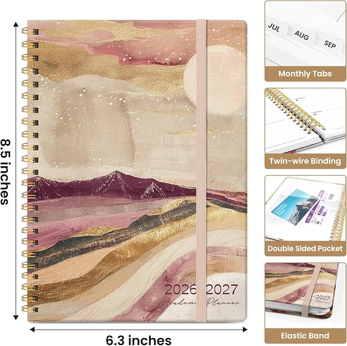 Taja Planner 2026-2027, Jul 2026-Jun 2027 Monthly & Weekly Calendar Planner | 6.3" x 8.5", Hardcover Academic Calendar, Teacher Student Agenda Book with Tabs, School Office Supplies, Landscape