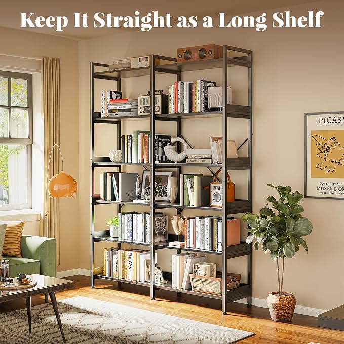 Huuger 6 Tier Bookshelf, Display Bookshelf with 12 Open Shelves and Raised Baffle, 47.2 Inch Straight Wide Bookcase with Metal Frame and Wooden Board, Adjustable Feet, Black, 1BC010B