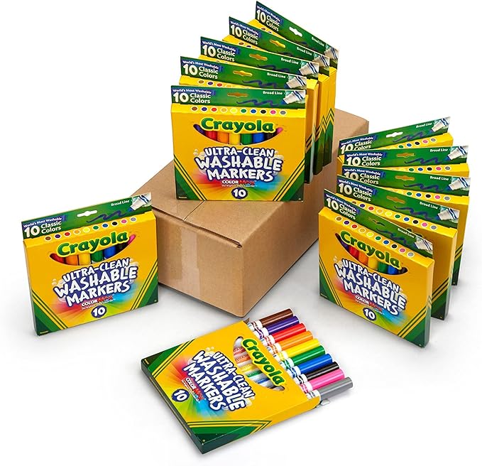 Crayola Ultra Clean Washable Broad Line Markers (12 Boxes), Bulk Classroom Markers for Kids, 10 Colors, Teacher Must Haves Wishlist, Bulk School Supplies