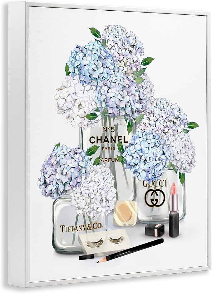 Glam Hydrangea Perfume Bottle Still Life, 11 x 14 Inch Framed Giclée Print | Stupell Industries · By Ziwei Li · Ready to hang · Chic gift for bedroom or dressing room · Made in USA