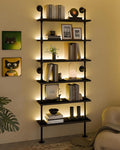 6-Tier LED Ladder Shelf, Wall Mounted Pipe Bookshelf, Black 36 Inch | Solid pine 6-tier wall mounted pipe bookshelf with warm LED lights, 40 lb shelves, for books, plants and decor