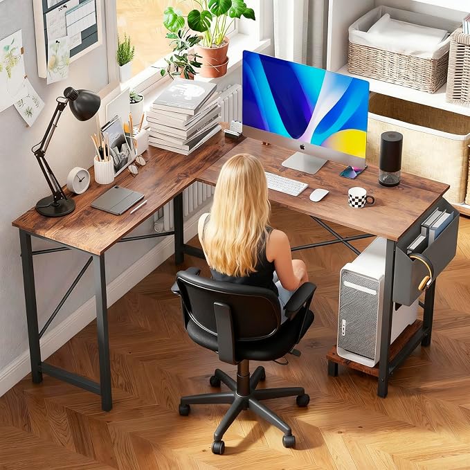 FDW 50 Inch L-Shaped Desk,Gaming Desk Computer Desk with Side Storage Bag & CPU Stand,Corner Desk for Home Office,Bedroom,Writing & Gaming,Brown