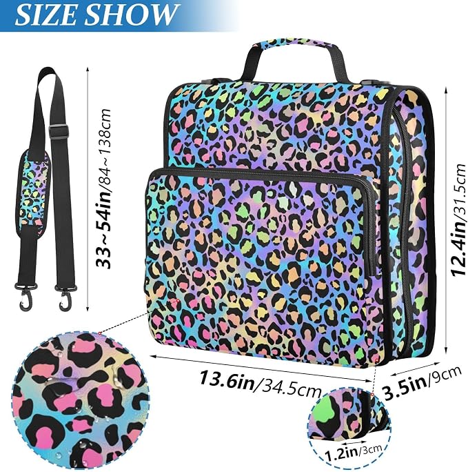 Neon Leopard Pattern 3 Ring Zipper Binder with Shoulder Strap & Handle 2 Inch D-Ring Zippered Binder Bag with Multiple Pocket & Pencil Pouch, Binder Organizer for School or Office