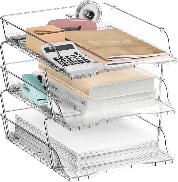 Simple Houseware 3-Tier Stackable Paper Tray for Desk Organizer, Clear | Desktop File Holder for A4/Letter Size Documents, File Sorter, Paper Holder, Office File & Accessories Storage